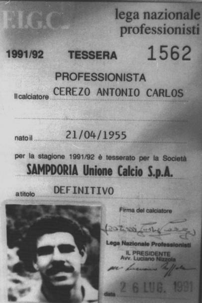 Cerezo, qui ritratto in un tesserino del 1991, passa dalla Roma alla Sampdoria nella stagione 1986-1987.
